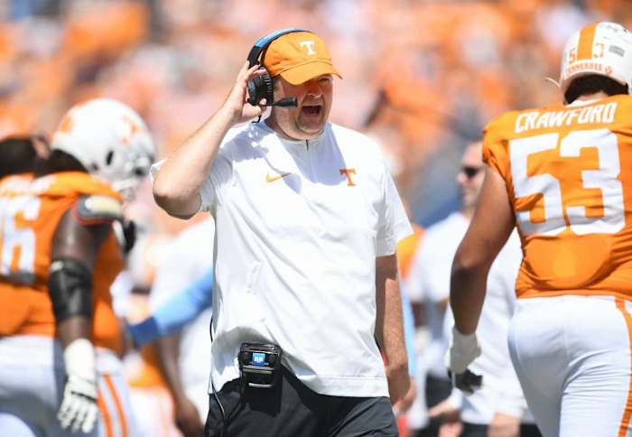 Tennessee Volunteers HC Josh Heupel during the win over Virginia on September 2nd, 2023, in Nashville, Tennessee. (Photo by Caitie McMekin of the News Sentinel)